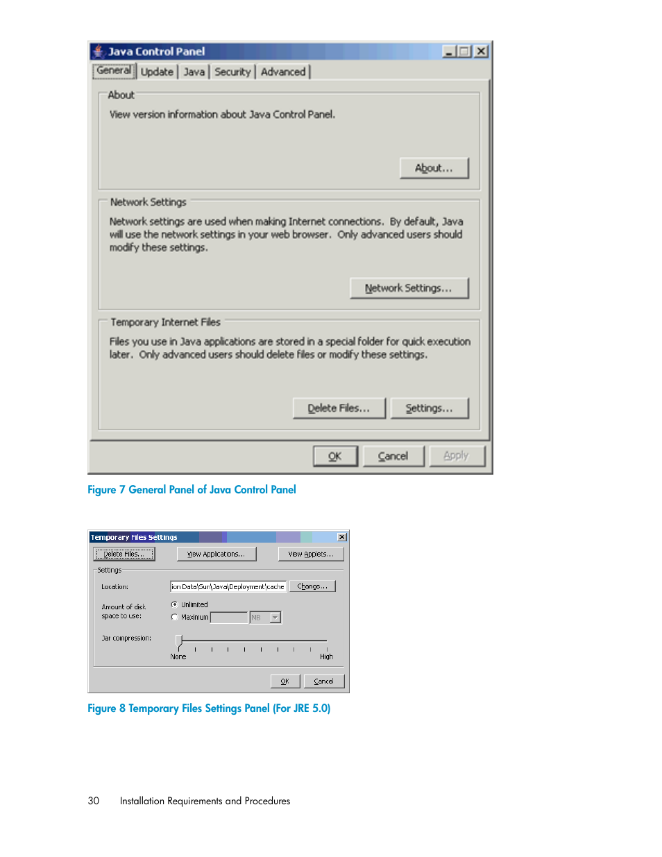 General panel of java control panel, Temporary files settings panel (for jre 5.0), Figure 7 | HP StorageWorks XP Remote Web Console Software User Manual | Page 30 / 186