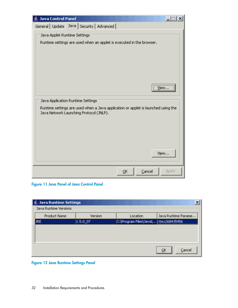 Java panel of java control panel, Java runtime settings panel, Figure 11 | Figure 12 | HP StorageWorks XP Remote Web Console Software User Manual | Page 32 / 186