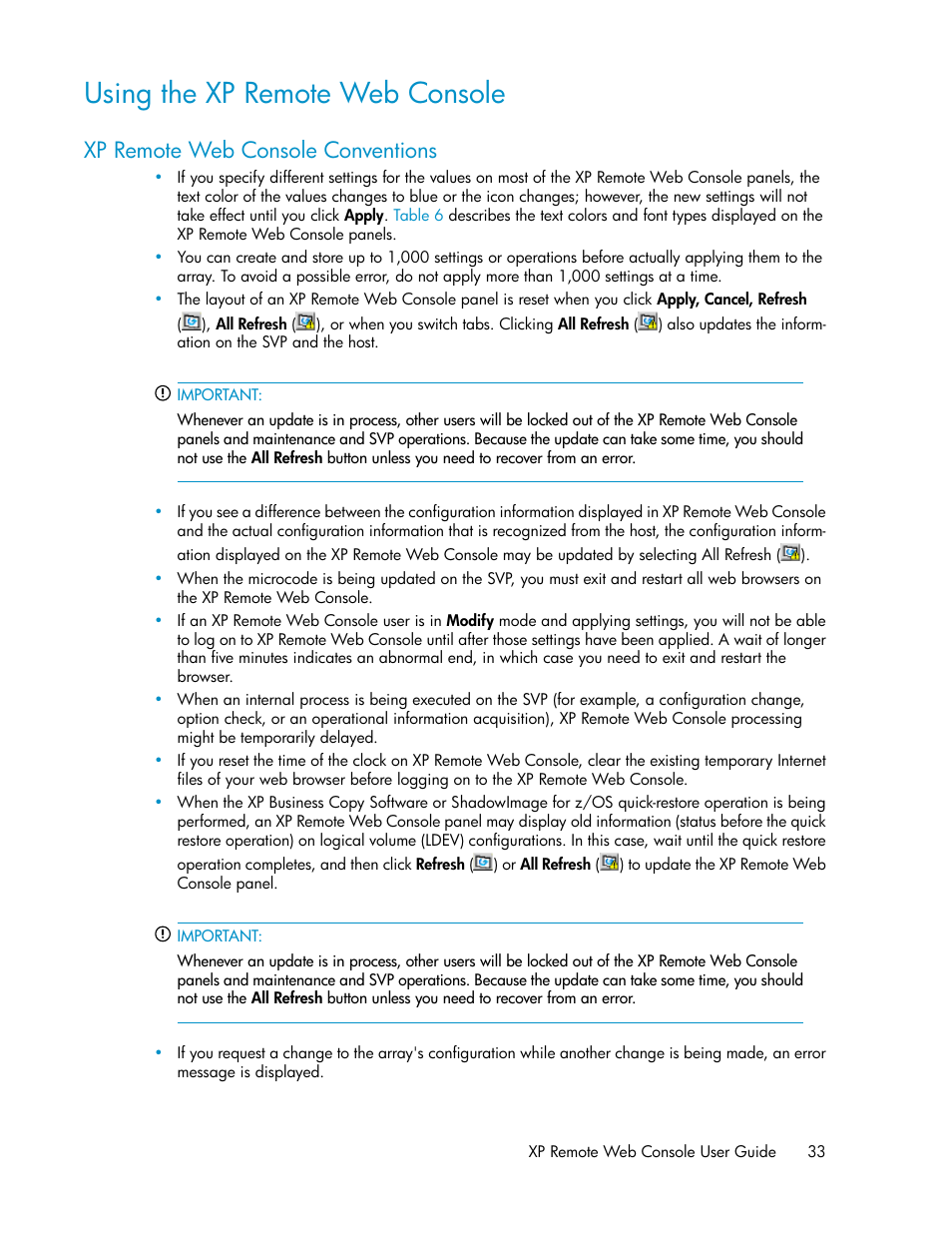 Using the xp remote web console, Xp remote web console conventions | HP StorageWorks XP Remote Web Console Software User Manual | Page 33 / 186