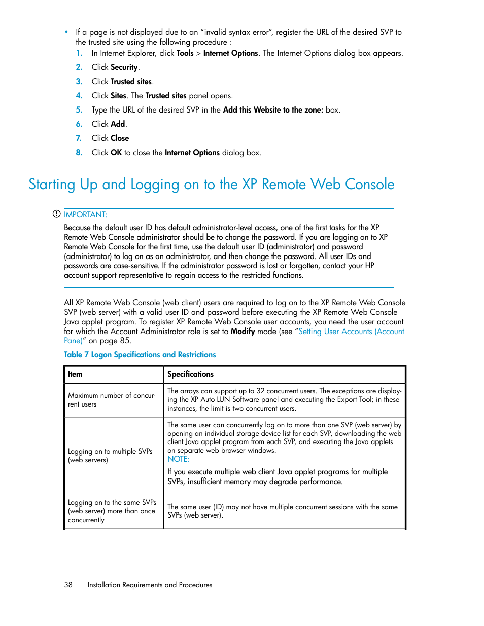 Logon specifications and restrictions | HP StorageWorks XP Remote Web Console Software User Manual | Page 38 / 186