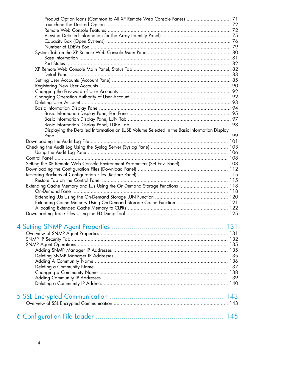 4 setting snmp agent properties, 5 ssl encrypted communication, 6 configuration file loader | HP StorageWorks XP Remote Web Console Software User Manual | Page 4 / 186