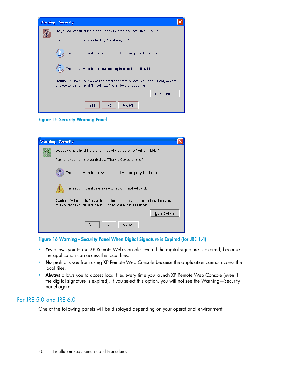 Security warning panel | HP StorageWorks XP Remote Web Console Software User Manual | Page 40 / 186