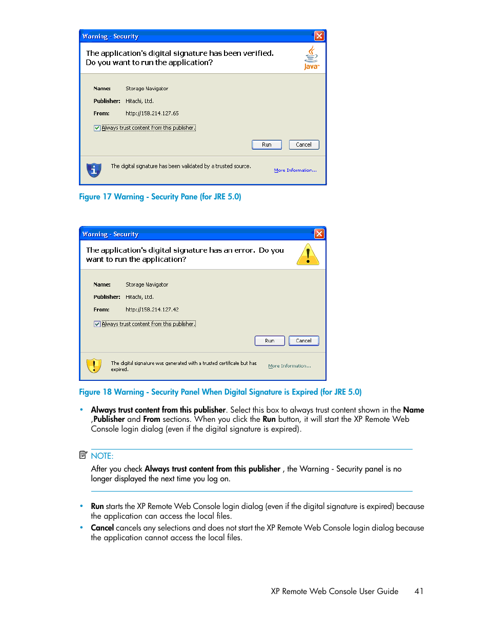 Warning - security pane (for jre 5.0) | HP StorageWorks XP Remote Web Console Software User Manual | Page 41 / 186