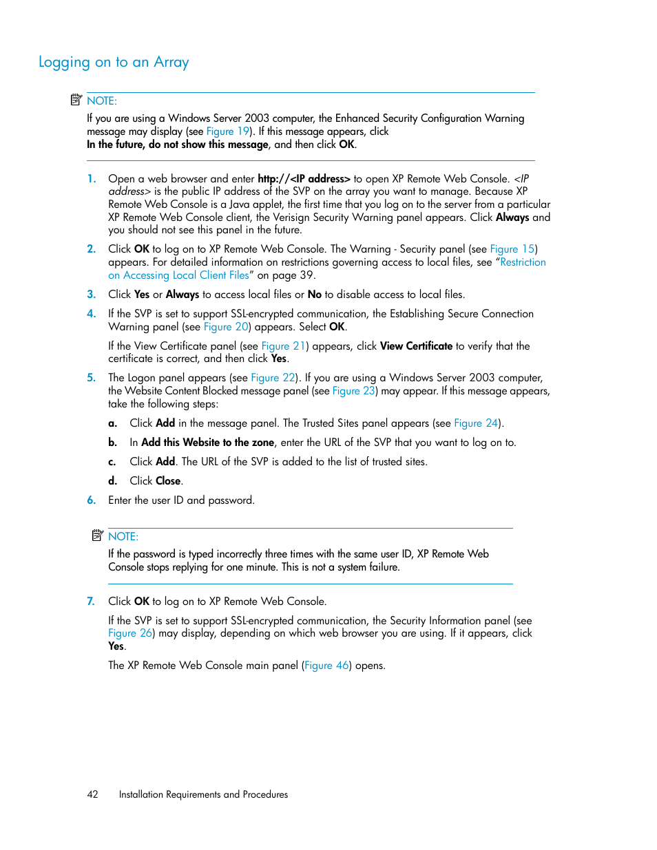 Logging on to an array | HP StorageWorks XP Remote Web Console Software User Manual | Page 42 / 186