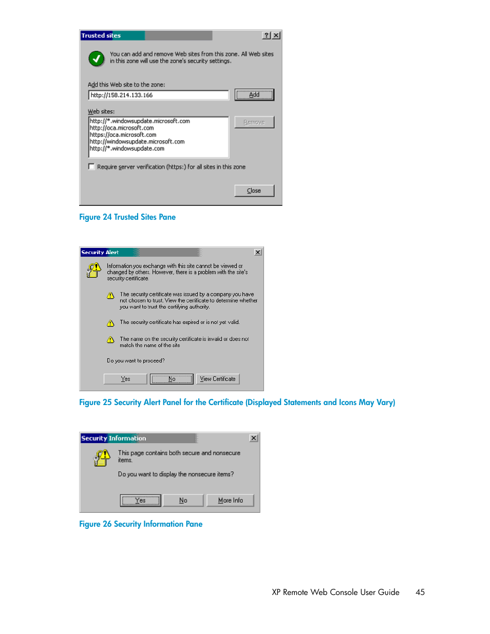 Trusted sites pane, Security information pane, Figure 24 | Figure 26 | HP StorageWorks XP Remote Web Console Software User Manual | Page 45 / 186