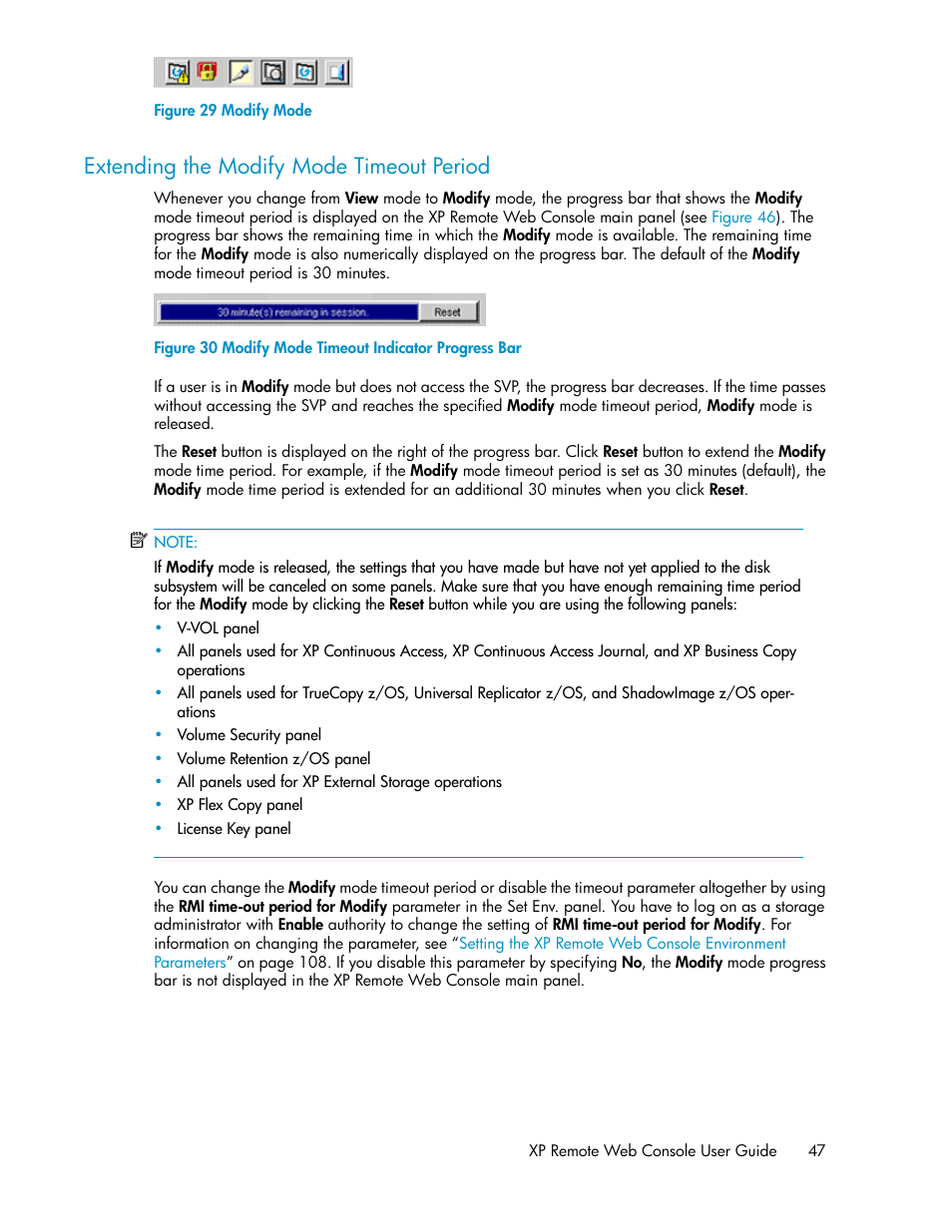 Extending the modify mode timeout period, Modify mode, Modify mode timeout indicator progress bar | Figure 29, Figure 30 | HP StorageWorks XP Remote Web Console Software User Manual | Page 47 / 186