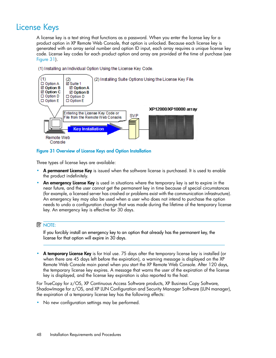 License keys, Overview of license keys and option installation | HP StorageWorks XP Remote Web Console Software User Manual | Page 48 / 186