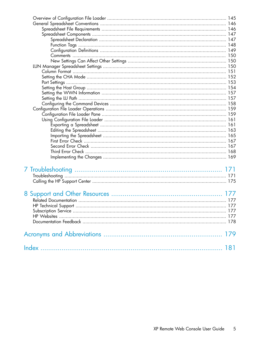 7 troubleshooting, 8 support and other resources, Acronyms and abbreviations index | HP StorageWorks XP Remote Web Console Software User Manual | Page 5 / 186