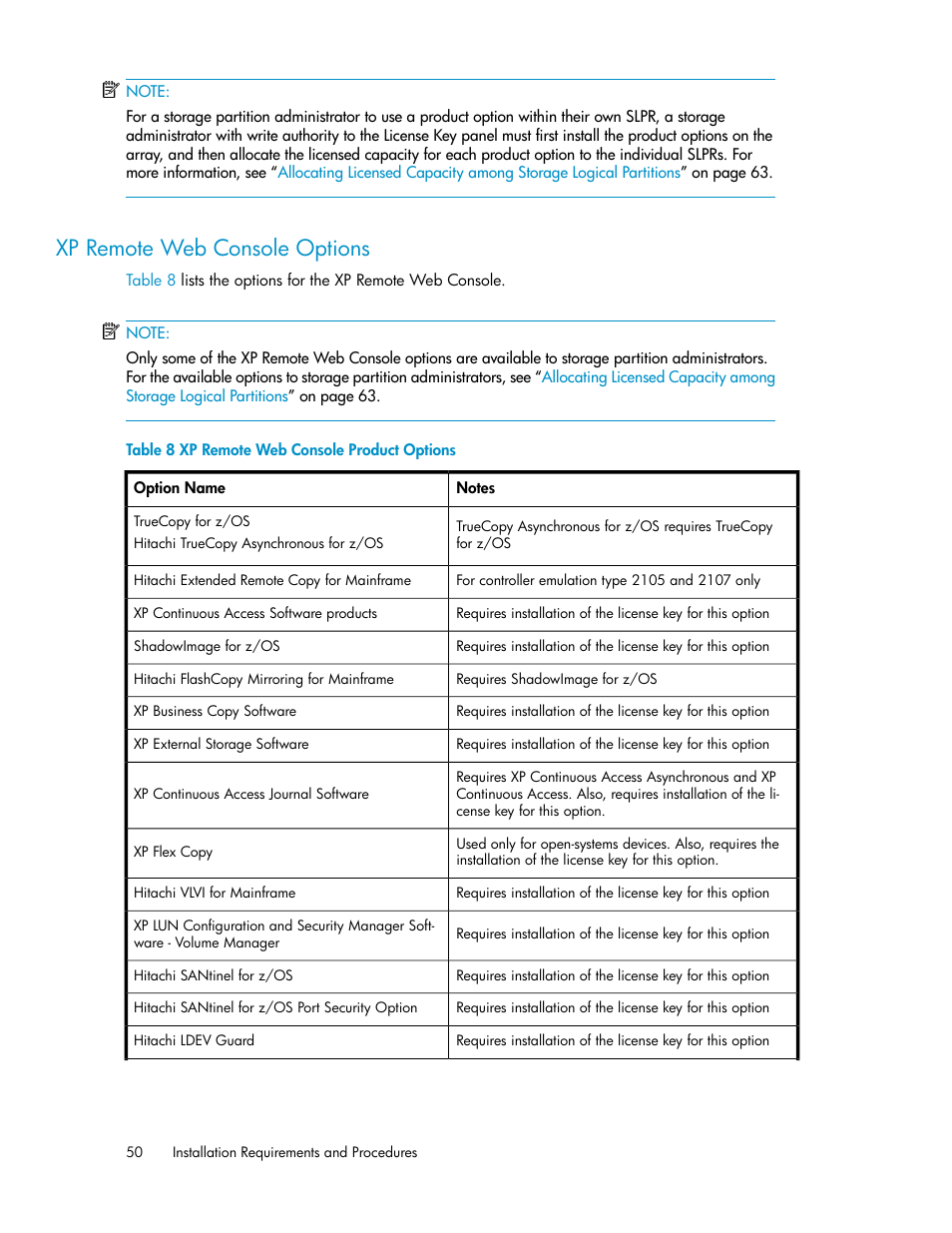 Xp remote web console options, Xp remote web console product options, Table 8 | HP StorageWorks XP Remote Web Console Software User Manual | Page 50 / 186