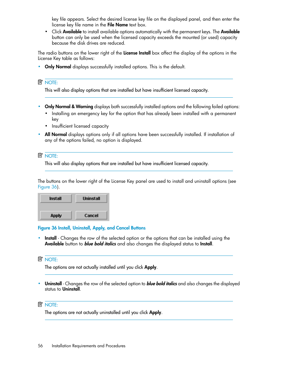 Install, uninstall, apply, and cancel buttons | HP StorageWorks XP Remote Web Console Software User Manual | Page 56 / 186