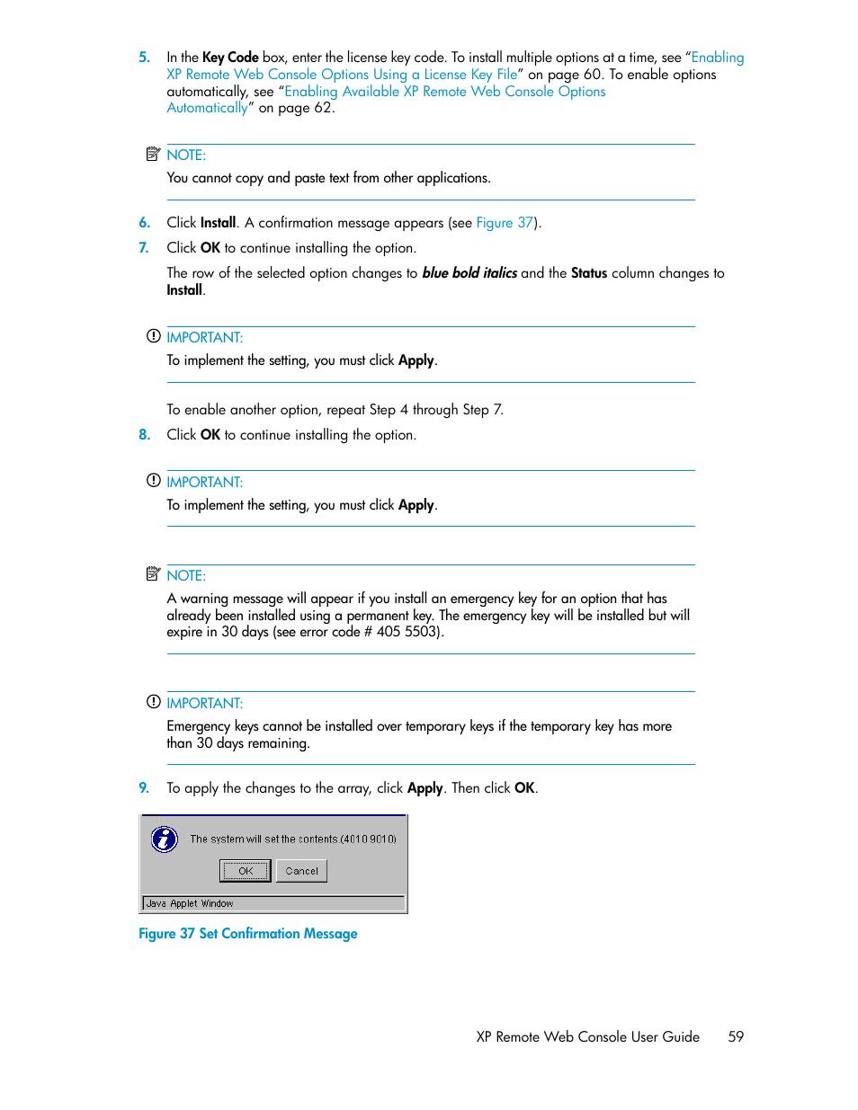 Set confirmation message | HP StorageWorks XP Remote Web Console Software User Manual | Page 59 / 186