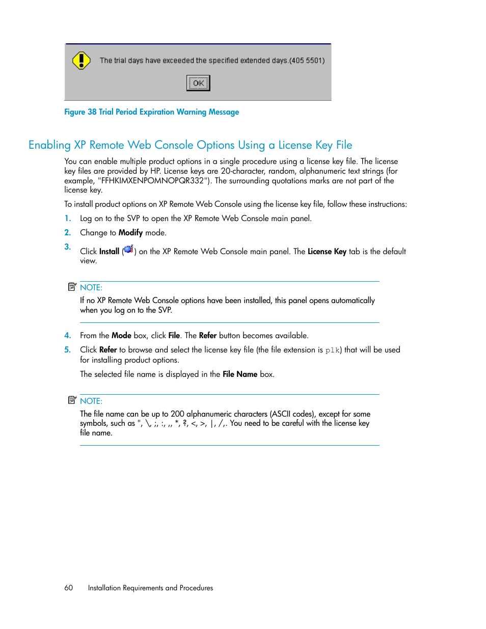 Trial period expiration warning message, Key file, Enabling | HP StorageWorks XP Remote Web Console Software User Manual | Page 60 / 186