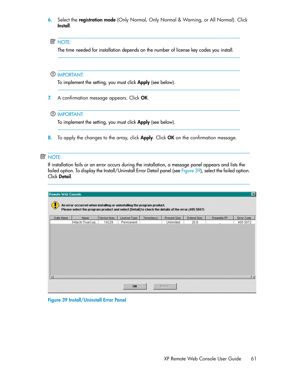 Install/uninstall error panel | HP StorageWorks XP Remote Web Console Software User Manual | Page 61 / 186