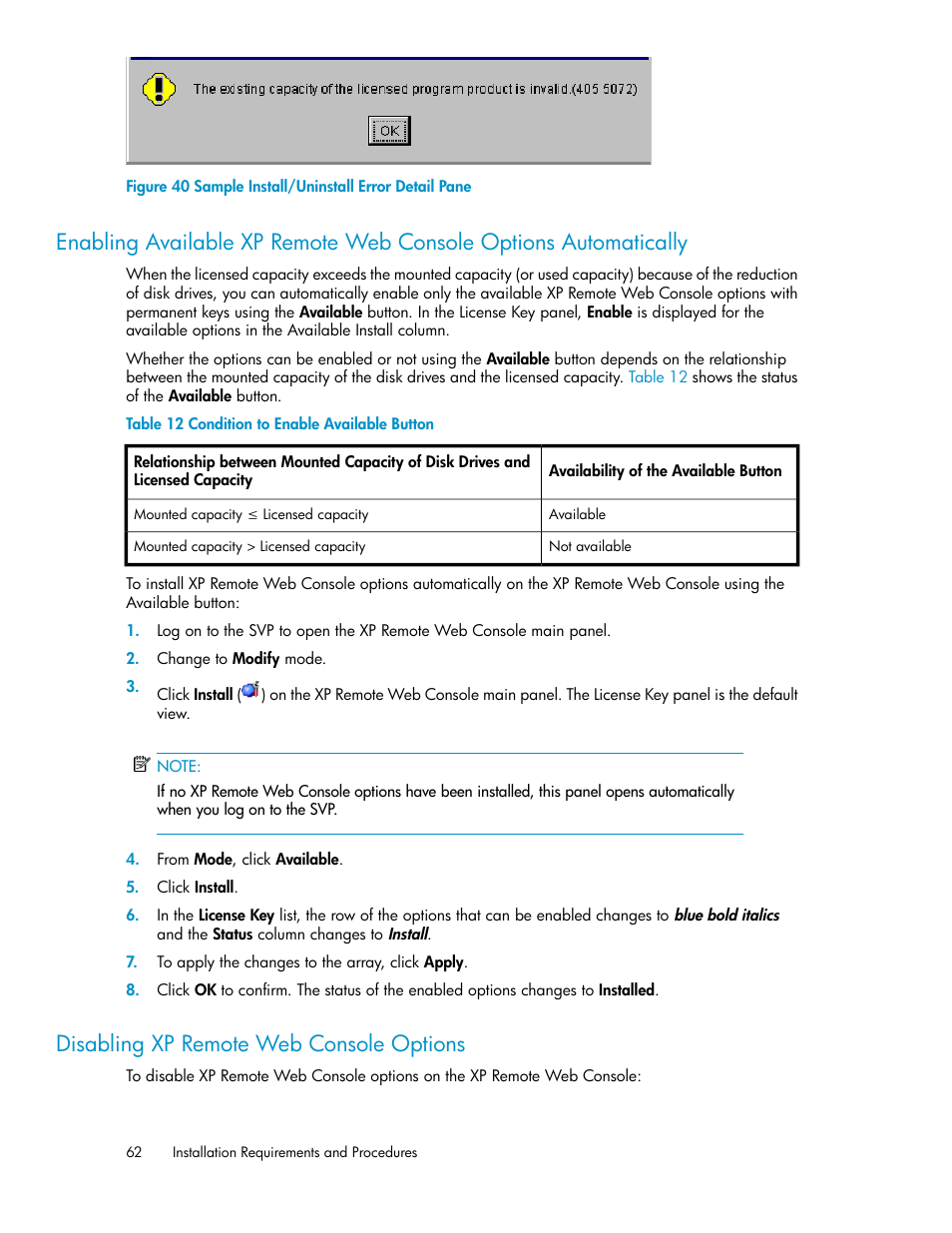 Disabling xp remote web console options, 62 disabling xp remote web console options, Sample install/uninstall error detail pane | Condition to enable available button, Enabling available xp remote web console options, Automatically | HP StorageWorks XP Remote Web Console Software User Manual | Page 62 / 186