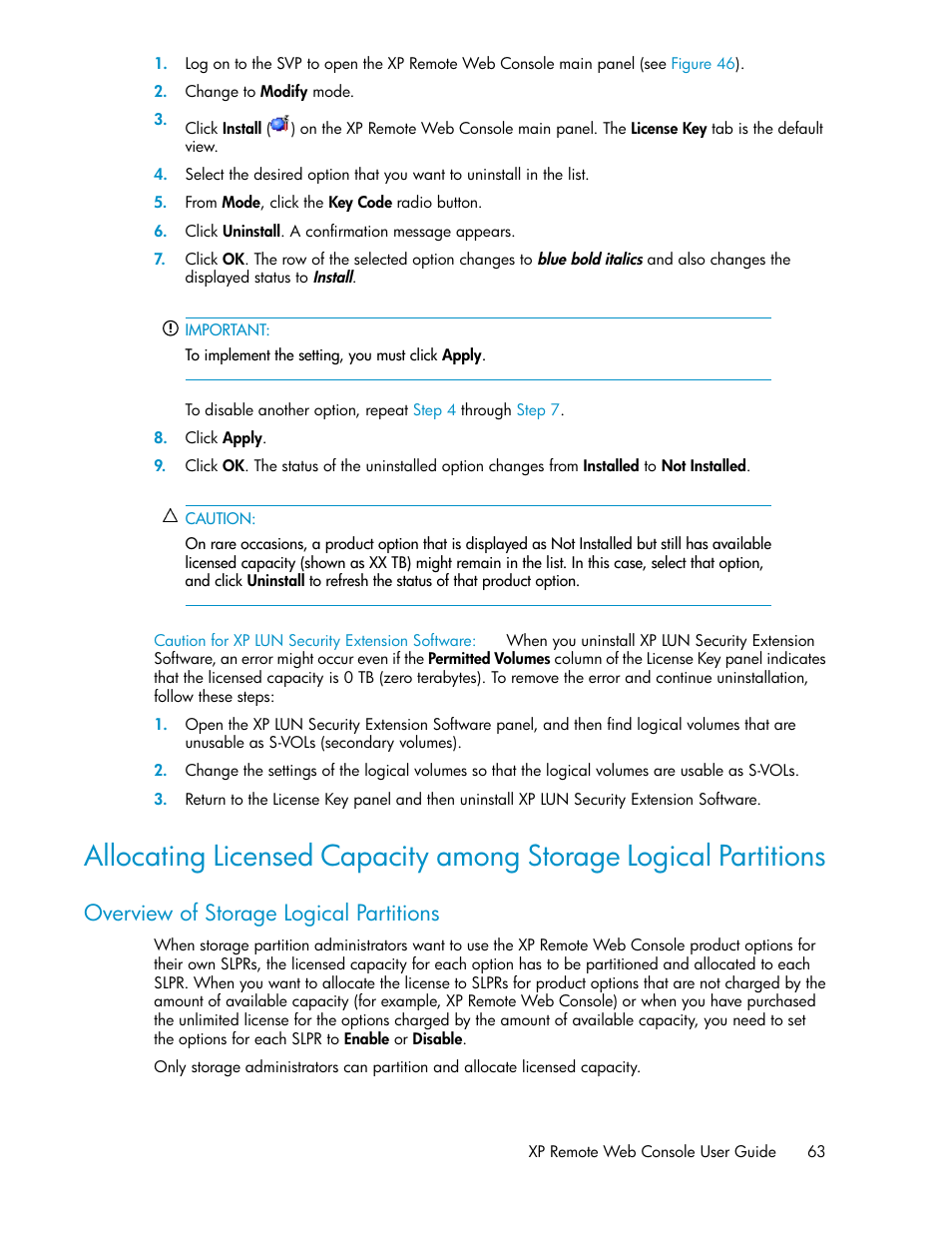 Overview of storage logical partitions, Allocating licensed, Capacity among storage logical partitions | Allocating licensed capacity among, Storage logical partitions | HP StorageWorks XP Remote Web Console Software User Manual | Page 63 / 186