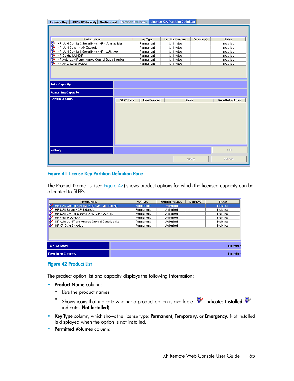 License key partition definition pane, Product list, Figure 41 | HP StorageWorks XP Remote Web Console Software User Manual | Page 65 / 186