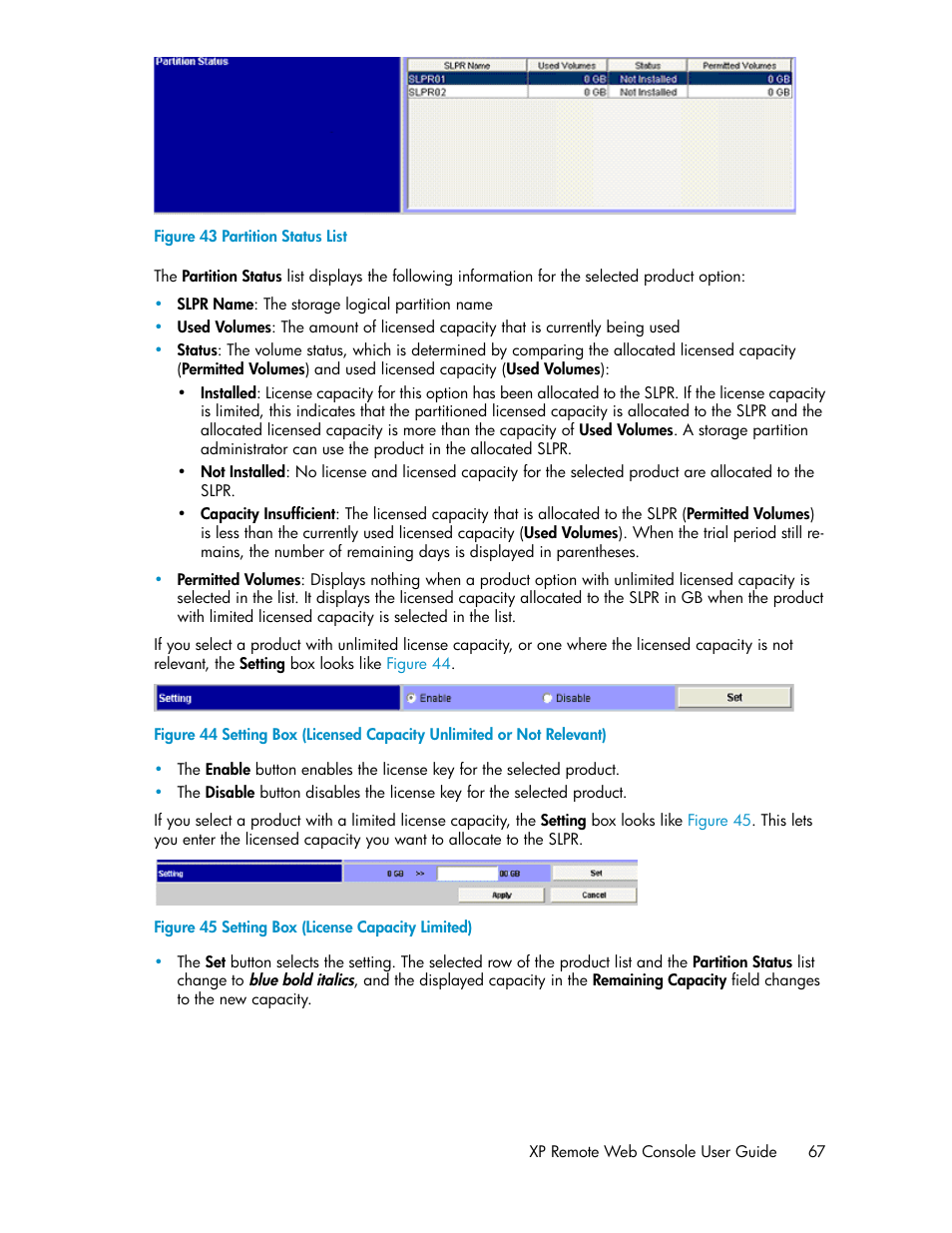 Partition status list, Setting box (license capacity limited) | HP StorageWorks XP Remote Web Console Software User Manual | Page 67 / 186