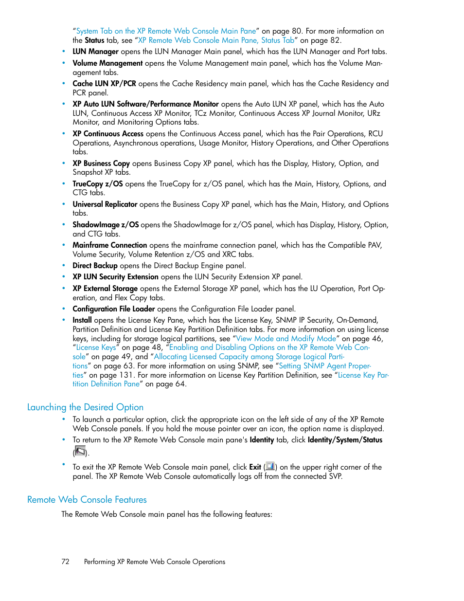 Launching the desired option, Remote web console features, 72 remote web console features | HP StorageWorks XP Remote Web Console Software User Manual | Page 72 / 186