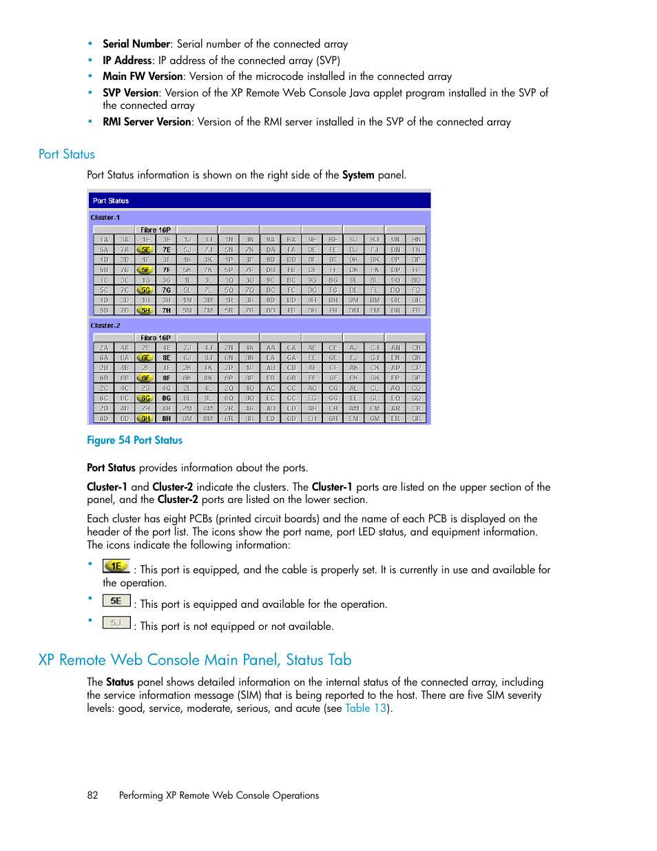 Port status, Xp remote web console main panel, status tab, Xp remote web console main pane, status | Xp remote web console main pane, status tab, Figure 54 | HP StorageWorks XP Remote Web Console Software User Manual | Page 82 / 186