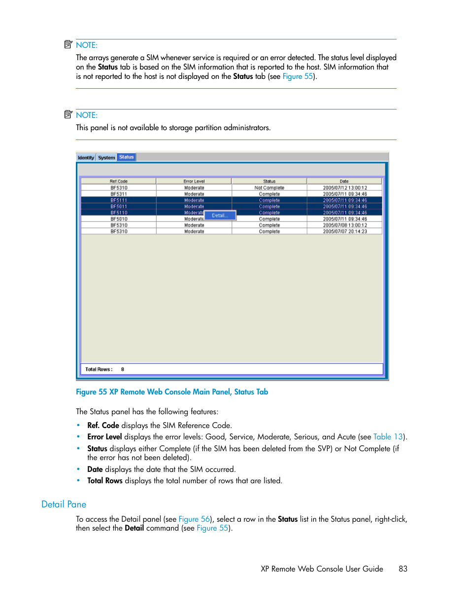 Detail pane, Xp remote web console main panel, status tab | HP StorageWorks XP Remote Web Console Software User Manual | Page 83 / 186