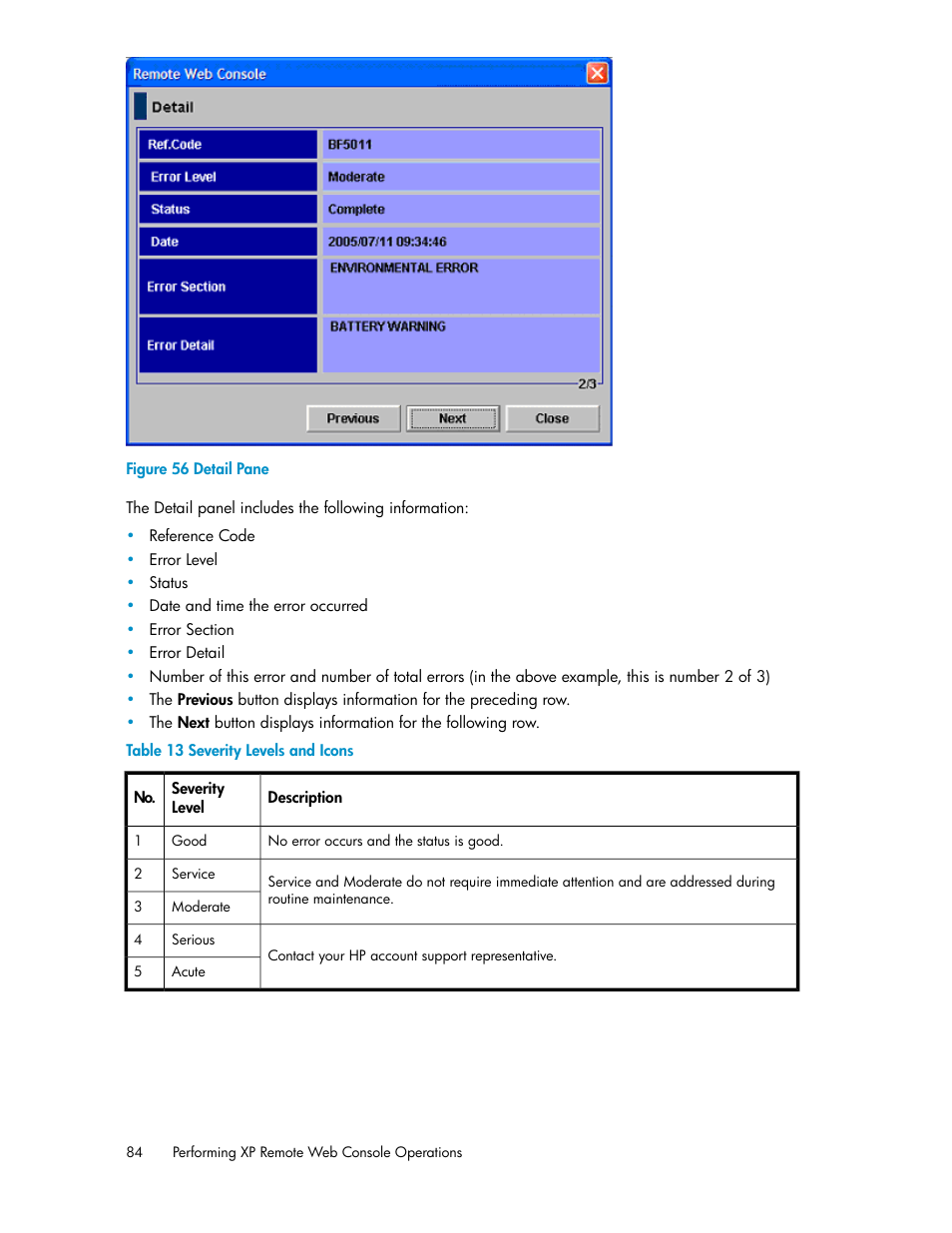 Detail pane, Severity levels and icons, Table 13 | Figure 56 | HP StorageWorks XP Remote Web Console Software User Manual | Page 84 / 186