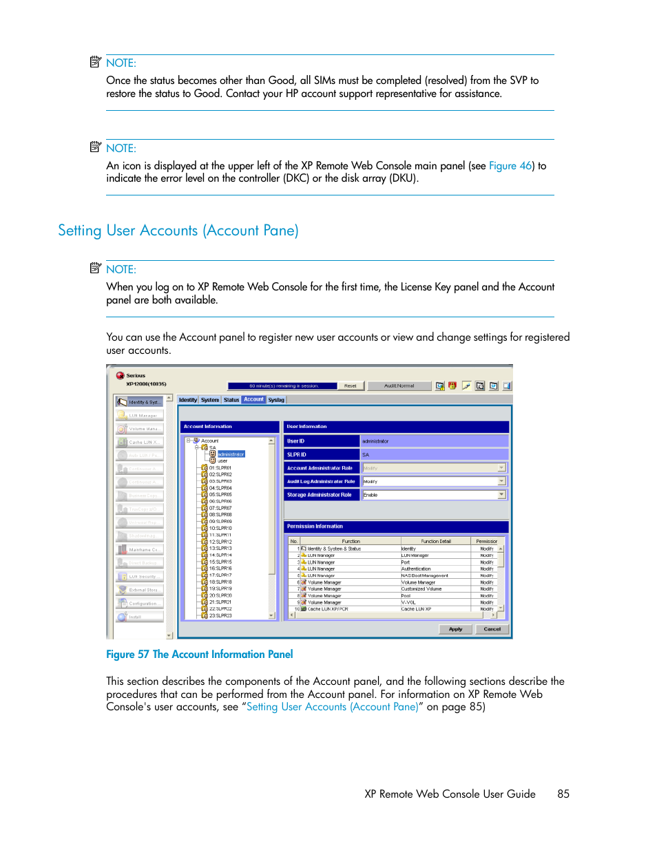 Setting user accounts (account pane), The account information panel, Setting user accounts (account | Pane), Setting user accounts, Account pane) | HP StorageWorks XP Remote Web Console Software User Manual | Page 85 / 186