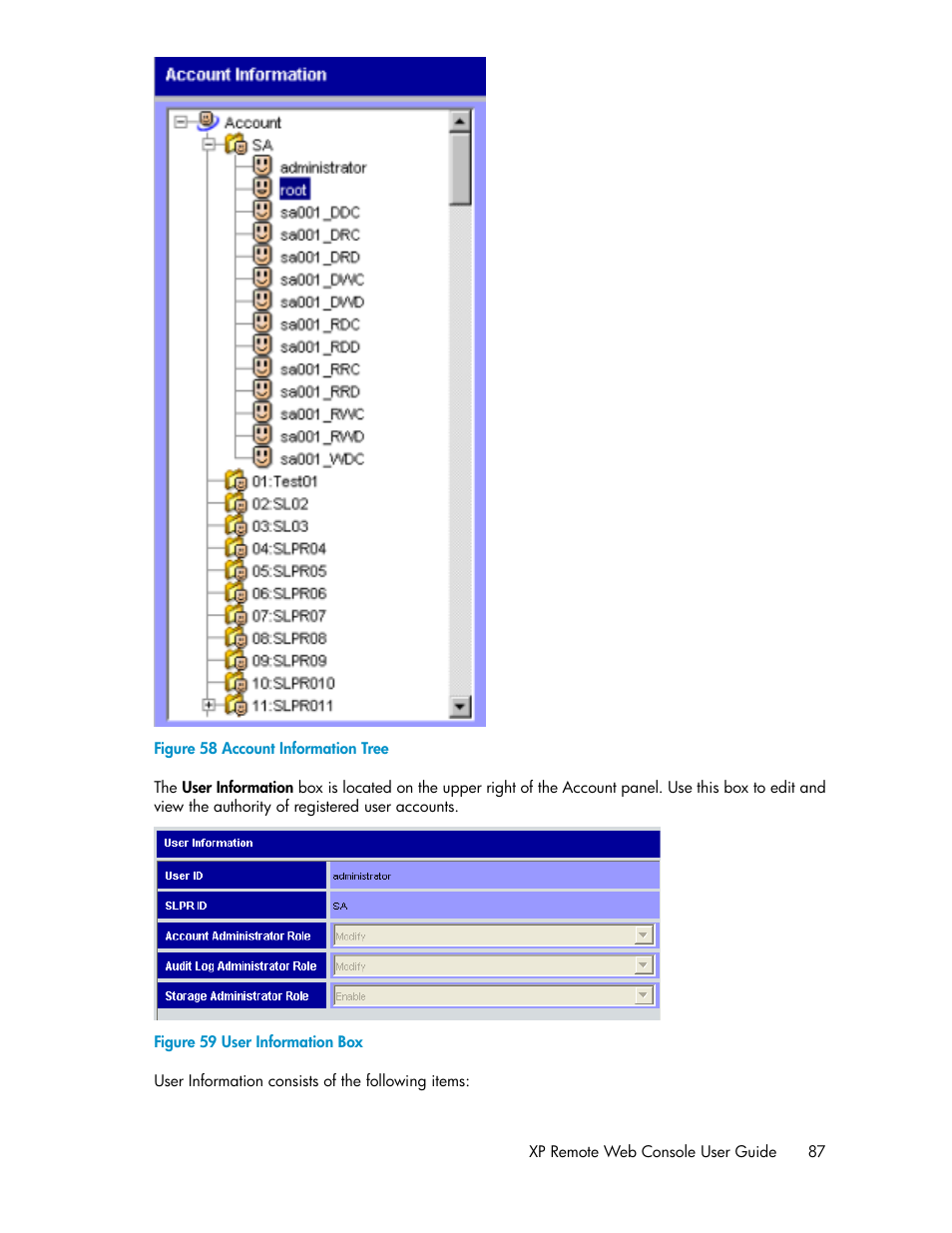 Account information tree, User information box, Figure 58 | HP StorageWorks XP Remote Web Console Software User Manual | Page 87 / 186