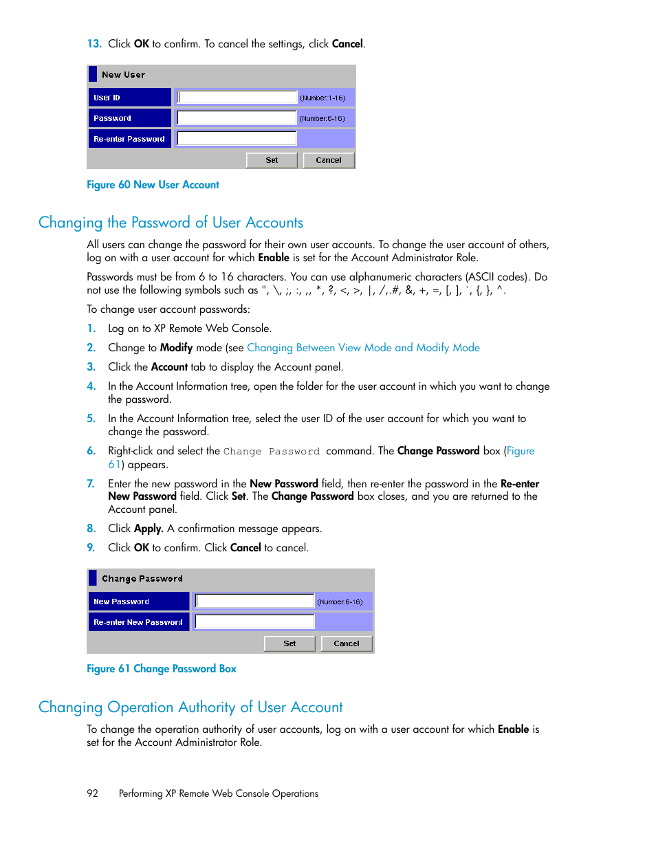 Changing the password of user accounts, Changing operation authority of user account, 92 changing operation authority of user account | New user account, Change password box | HP StorageWorks XP Remote Web Console Software User Manual | Page 92 / 186