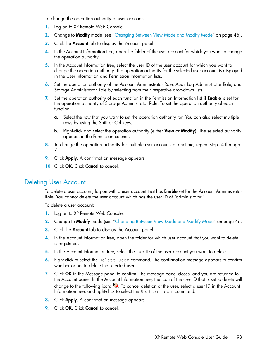 Deleting user account | HP StorageWorks XP Remote Web Console Software User Manual | Page 93 / 186