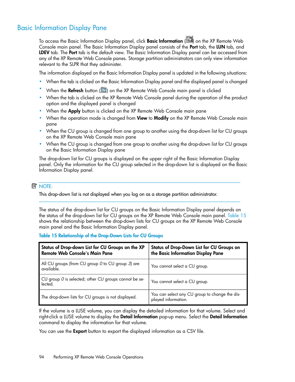 Basic information display pane, Relationship of the drop-down lists for cu groups, Basic inform | Ation display pane | HP StorageWorks XP Remote Web Console Software User Manual | Page 94 / 186