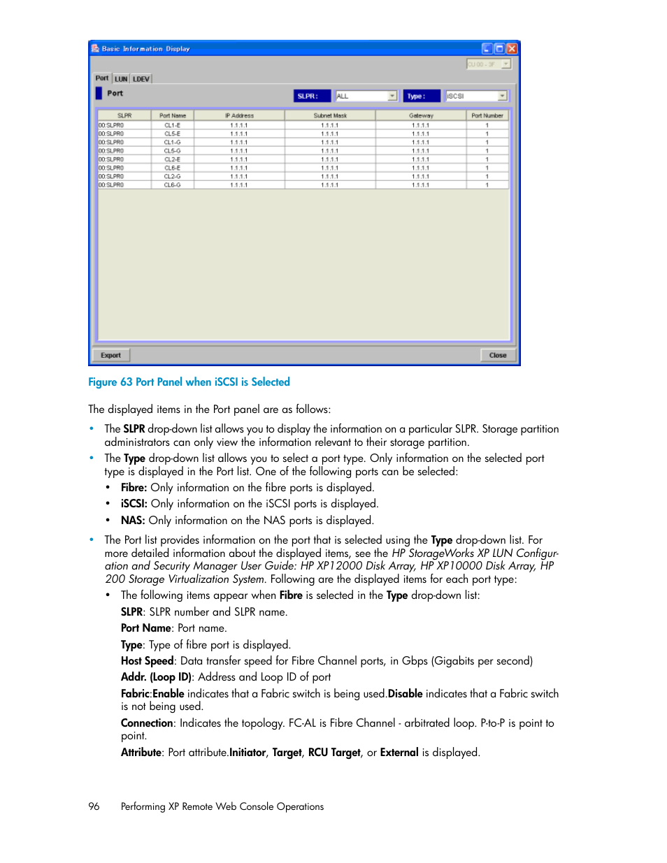 Port panel when iscsi is selected | HP StorageWorks XP Remote Web Console Software User Manual | Page 96 / 186