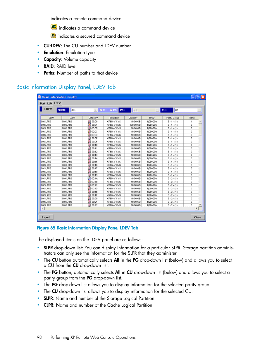 Basic information display panel, ldev tab, Basic information display pane, ldev tab | HP StorageWorks XP Remote Web Console Software User Manual | Page 98 / 186