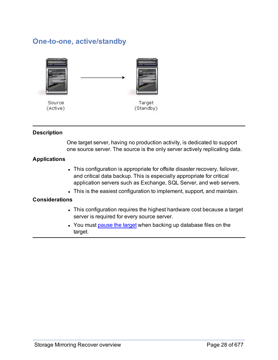 One-to-one, active/standby | HP Storage Mirroring Software User Manual | Page 29 / 678