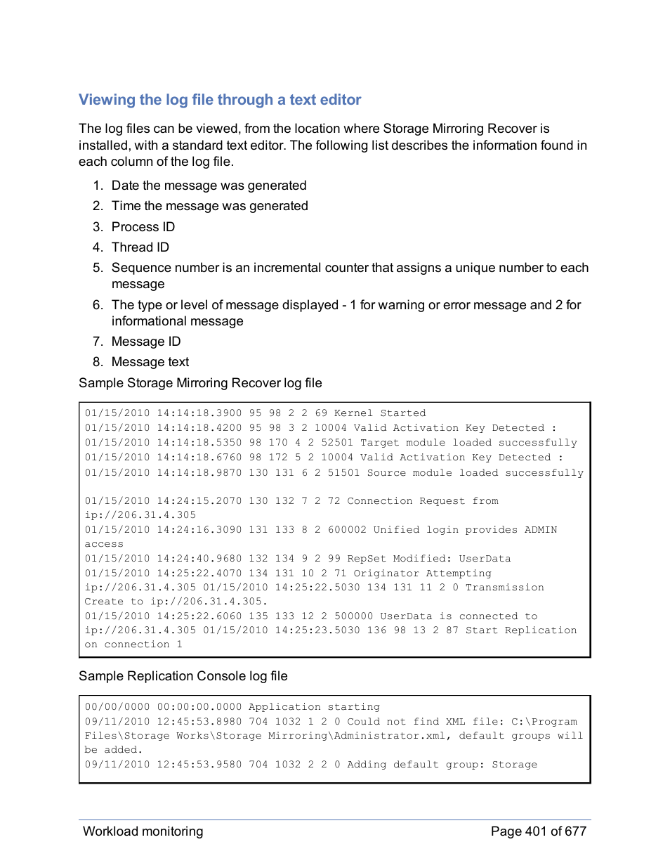 Viewing the log file through a text editor | HP Storage Mirroring Software User Manual | Page 402 / 678