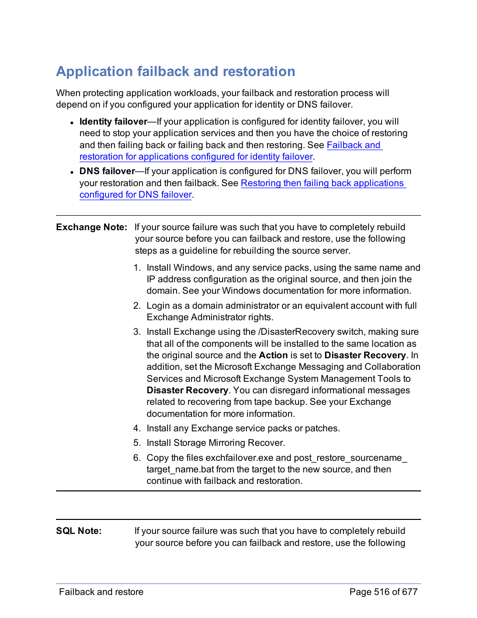 Application failback and restoration, Failing back an application workload | HP Storage Mirroring Software User Manual | Page 517 / 678