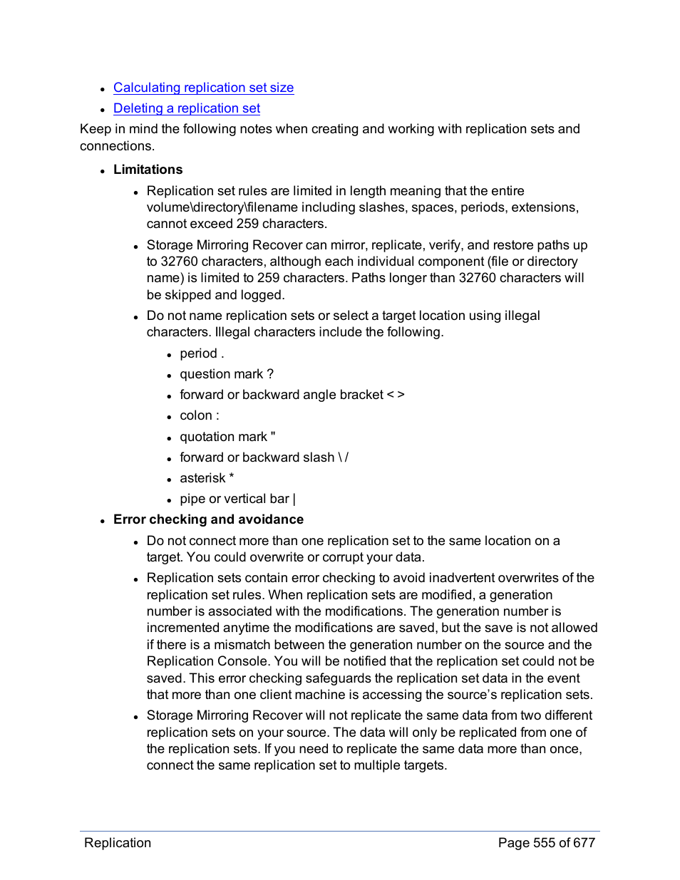 Calculating replication set size, Limitations, Period | Question mark, Forward or backward angle bracket, Colon, Quotation mark, Forward or backward slash, Asterisk, Pipe or vertical bar | HP Storage Mirroring Software User Manual | Page 556 / 678