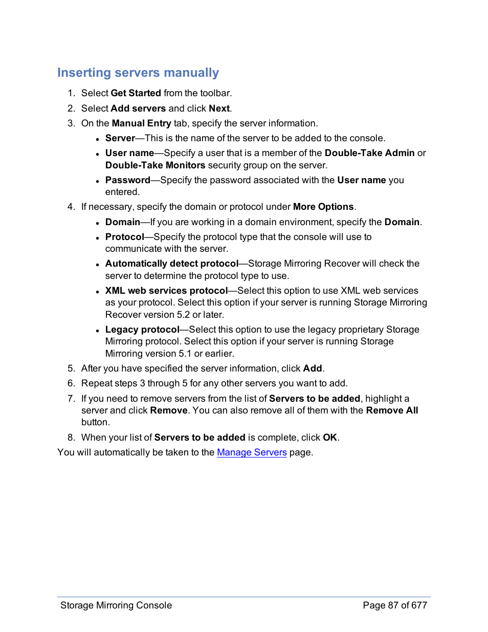 Inserting servers manually, Insert servers manually | HP Storage Mirroring Software User Manual | Page 88 / 678