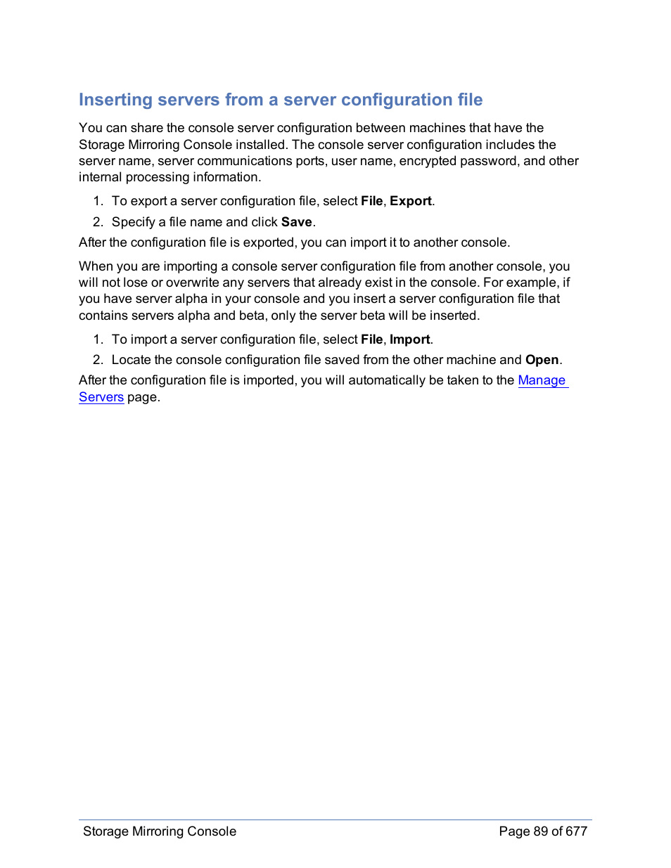 Inserting servers from a server configuration file, From a console server configuration file | HP Storage Mirroring Software User Manual | Page 90 / 678
