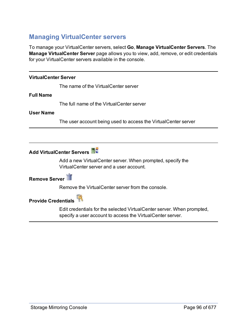 Managing virtualcenter servers | HP Storage Mirroring Software User Manual | Page 97 / 678