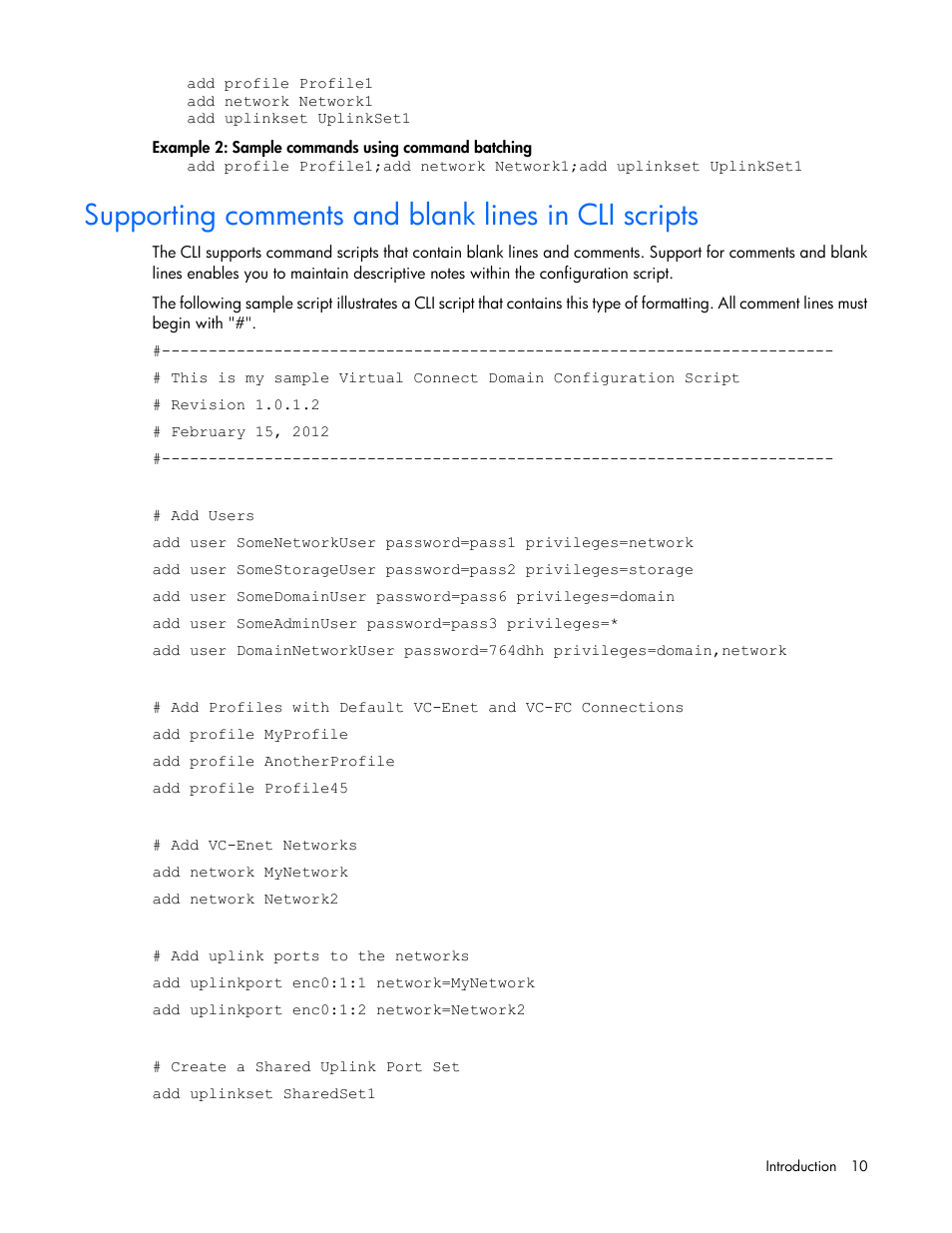 Supporting comments and blank lines in cli scripts | HP Virtual Connect 8Gb 24-port Fibre Channel Module for c-Class BladeSystem User Manual | Page 10 / 159