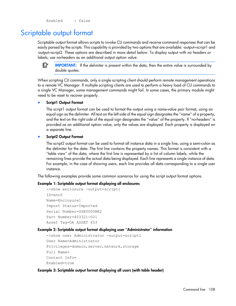 Scriptable output format | HP Virtual Connect 8Gb 24-port Fibre Channel Module for c-Class BladeSystem User Manual | Page 108 / 159
