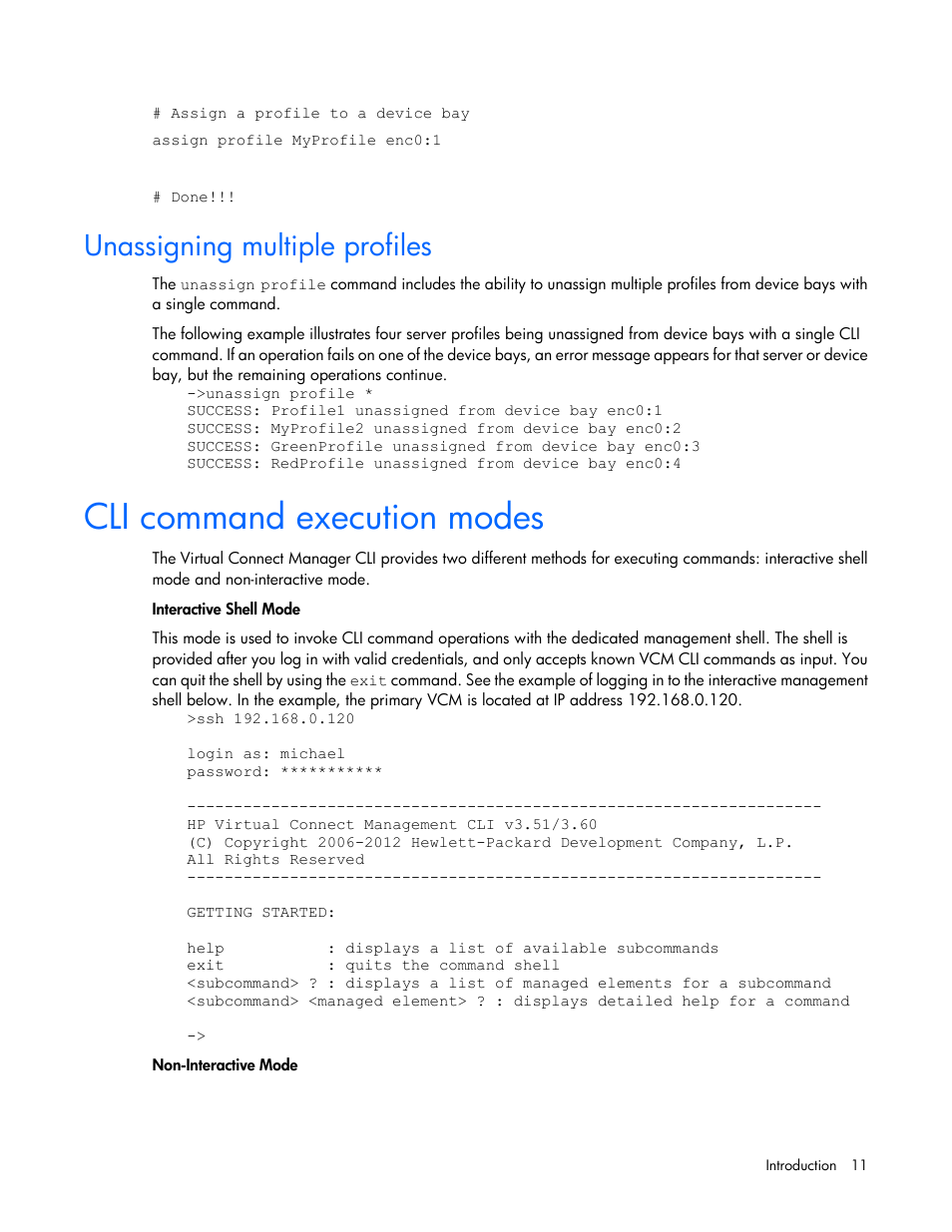 Unassigning multiple profiles, Cli command execution modes | HP Virtual Connect 8Gb 24-port Fibre Channel Module for c-Class BladeSystem User Manual | Page 11 / 159