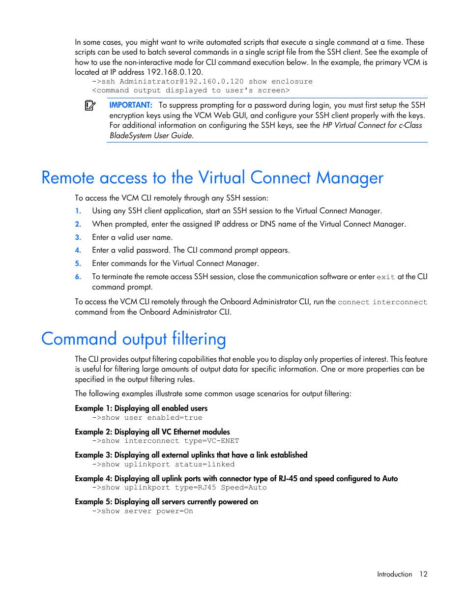 Remote access to the virtual connect manager, Command output filtering | HP Virtual Connect 8Gb 24-port Fibre Channel Module for c-Class BladeSystem User Manual | Page 12 / 159