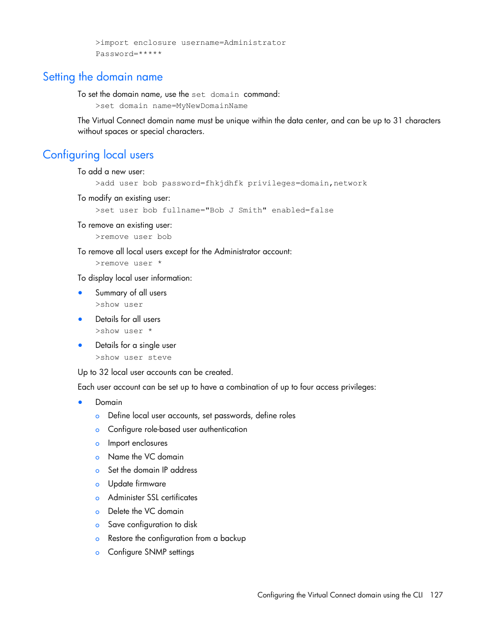 Setting the domain name, Configuring local users | HP Virtual Connect 8Gb 24-port Fibre Channel Module for c-Class BladeSystem User Manual | Page 127 / 159