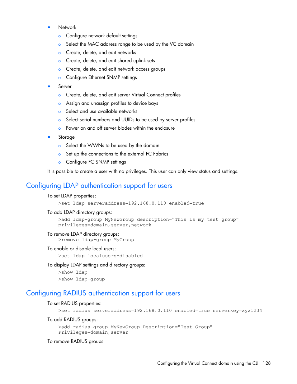 Configuring ldap authentication support for users | HP Virtual Connect 8Gb 24-port Fibre Channel Module for c-Class BladeSystem User Manual | Page 128 / 159