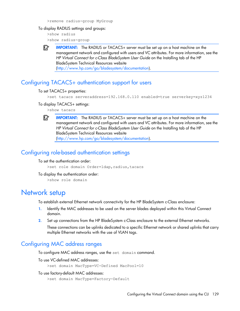 Configuring role-based authentication settings, Network setup, Configuring mac address ranges | HP Virtual Connect 8Gb 24-port Fibre Channel Module for c-Class BladeSystem User Manual | Page 129 / 159