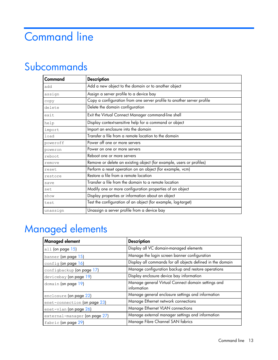 Command line, Subcommands, Managed elements | HP Virtual Connect 8Gb 24-port Fibre Channel Module for c-Class BladeSystem User Manual | Page 13 / 159