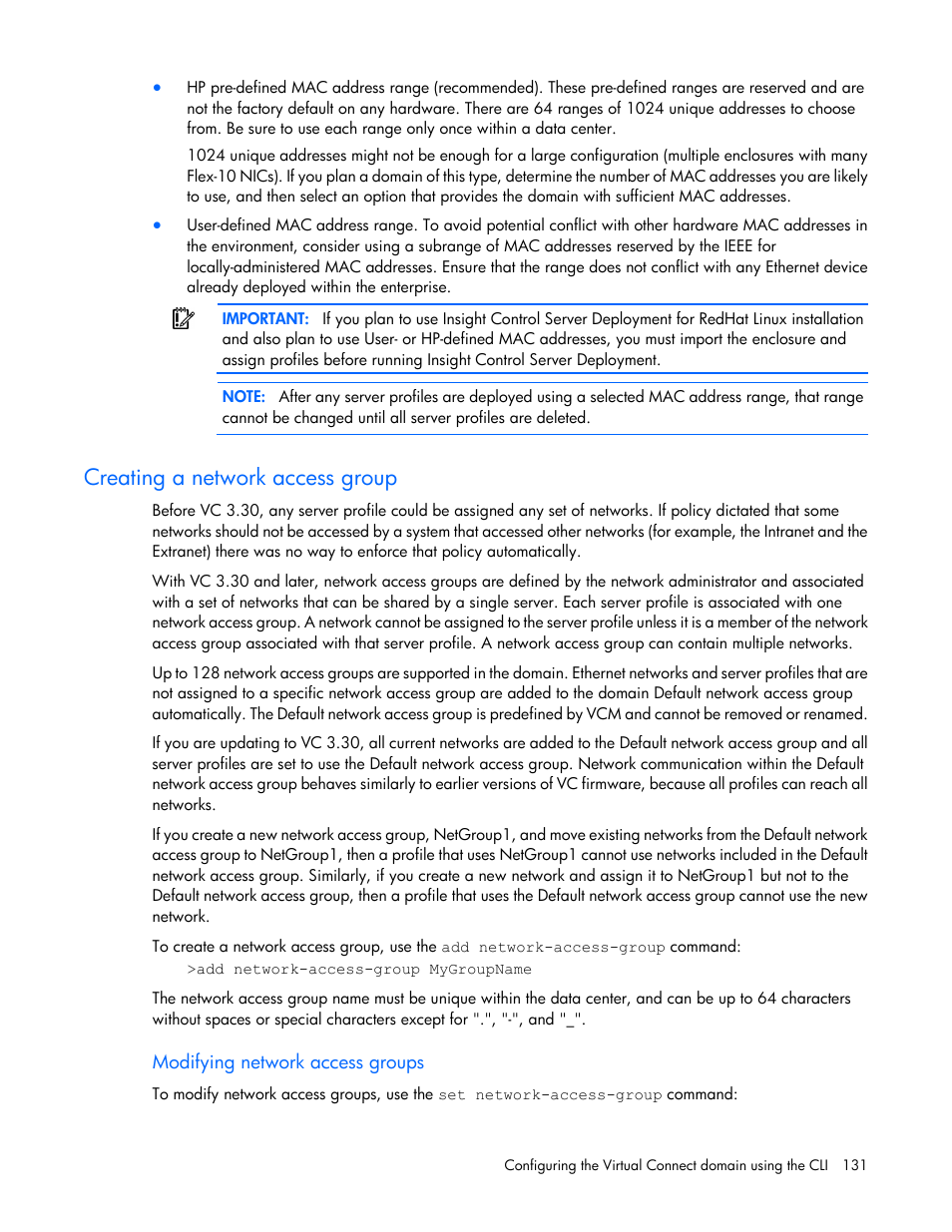 Creating a network access group, Modifying network access groups | HP Virtual Connect 8Gb 24-port Fibre Channel Module for c-Class BladeSystem User Manual | Page 131 / 159