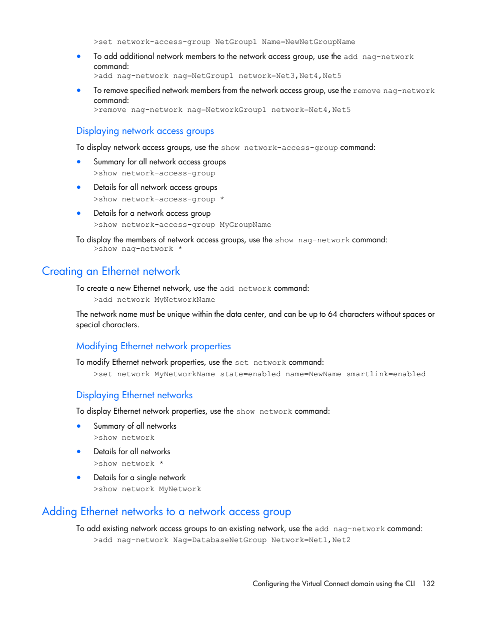 Displaying network access groups, Creating an ethernet network, Modifying ethernet network properties | Displaying ethernet networks, Adding ethernet networks to a network access group | HP Virtual Connect 8Gb 24-port Fibre Channel Module for c-Class BladeSystem User Manual | Page 132 / 159