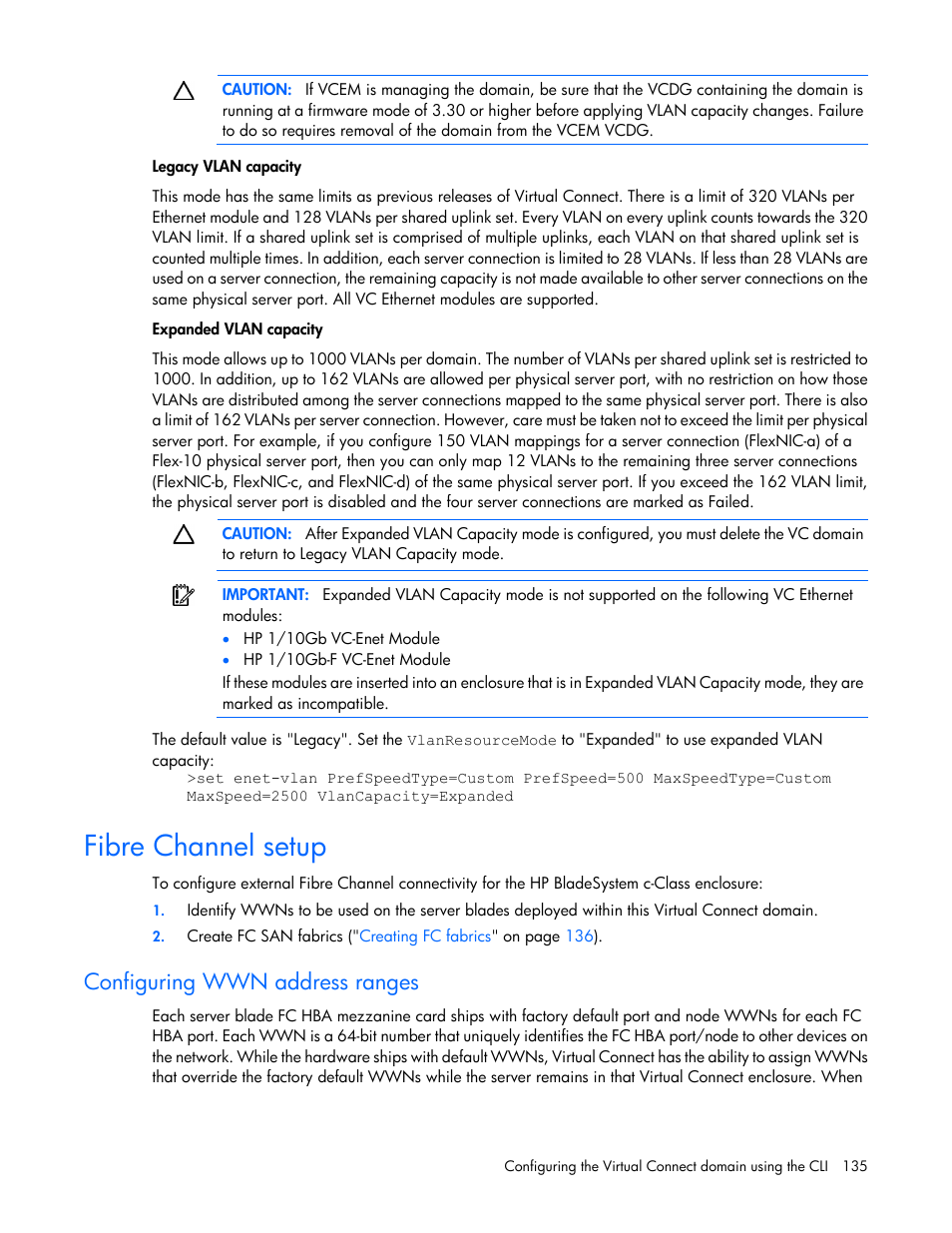 Fibre channel setup, Configuring wwn address ranges | HP Virtual Connect 8Gb 24-port Fibre Channel Module for c-Class BladeSystem User Manual | Page 135 / 159
